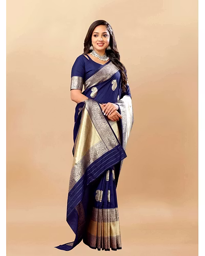 Soft Silk Saree with Rich Zari Weaving Pallu and Border, Silk Weaving Blouse Piece-RMNX-246-NavyBlue
