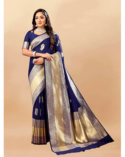 Soft Silk Saree with Rich Zari Weaving Pallu and Border, Silk Weaving Blouse Piece-Navy Blue-2