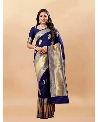 Soft Silk Saree with Rich Zari Weaving Pallu and Border, Silk Weaving Blouse Piece-Navy Blue-3