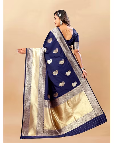 Soft Silk Saree with Rich Zari Weaving Pallu and Border, Silk Weaving Blouse Piece-Navy Blue-4