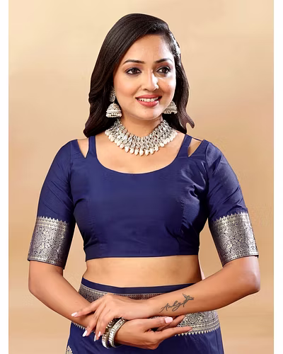 Soft Silk Saree with Rich Zari Weaving Pallu and Border, Silk Weaving Blouse Piece-Navy Blue-5