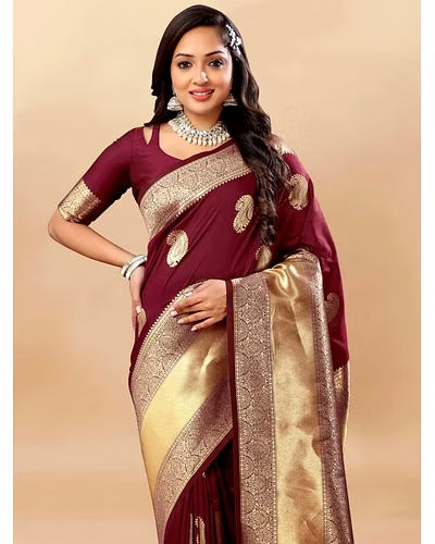 Soft Silk Saree with Rich Zari Weaving Pallu and Border, Silk Weaving Blouse Piece-Brown-1