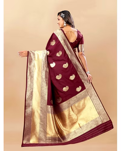 Soft Silk Saree with Rich Zari Weaving Pallu and Border, Silk Weaving Blouse Piece-Brown-2