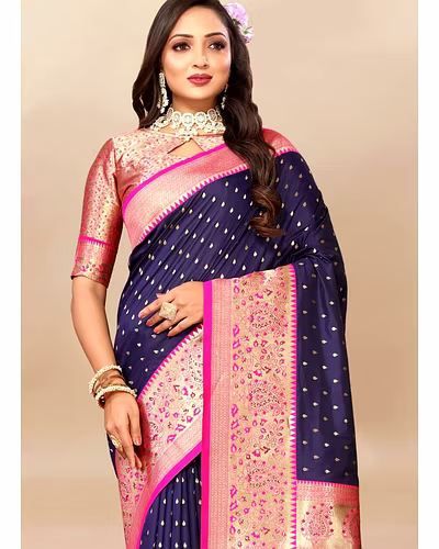Soft Silk Saree with Zari Weaving Design &amp; Rich Zari Pallu-Navy Blue-1