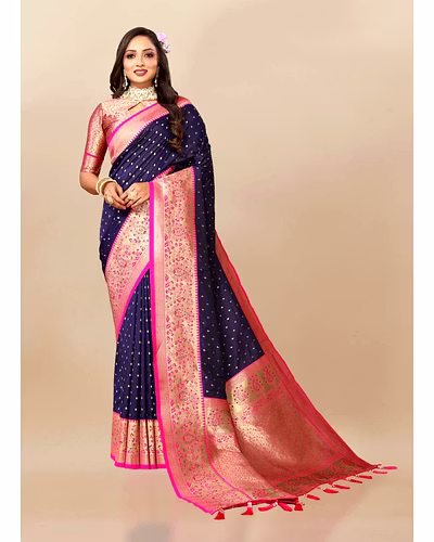 Soft Silk Saree with Zari Weaving Design &amp; Rich Zari Pallu-Navy Blue-2