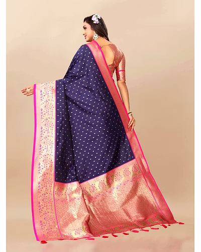 Soft Silk Saree with Zari Weaving Design &amp; Rich Zari Pallu-Navy Blue-3