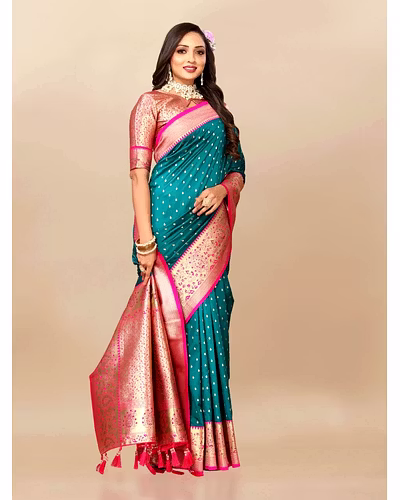 Soft Silk Saree with Zari Weaving Design &amp; Rich Zari Pallu-Firozi-1