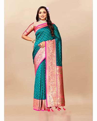 Soft Silk Saree with Zari Weaving Design &amp; Rich Zari Pallu-Firozi-2