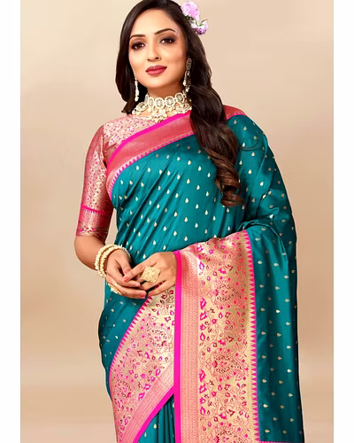 Soft Silk Saree with Zari Weaving Design &amp; Rich Zari Pallu-Firozi-3