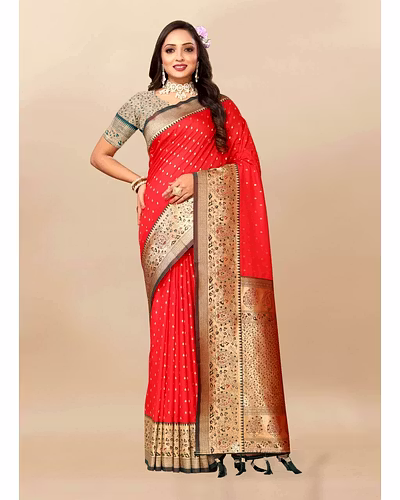 Soft Silk Saree with Zari Weaving Design &amp; Rich Zari Pallu-Red-1