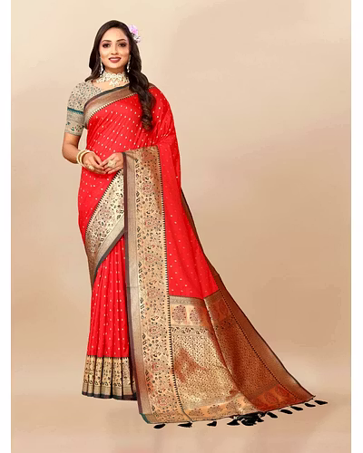 Soft Silk Saree with Zari Weaving Design &amp; Rich Zari Pallu-Red-2
