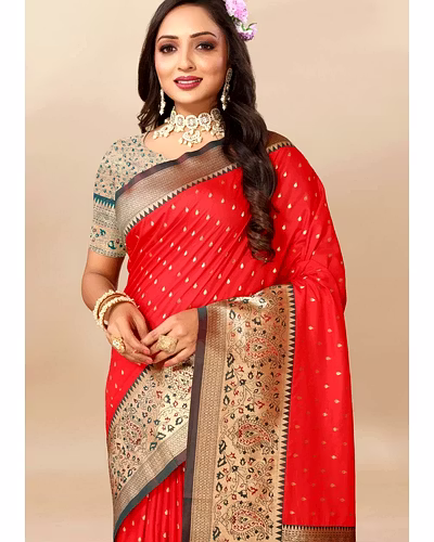 Soft Silk Saree with Zari Weaving Design &amp; Rich Zari Pallu-Red-3