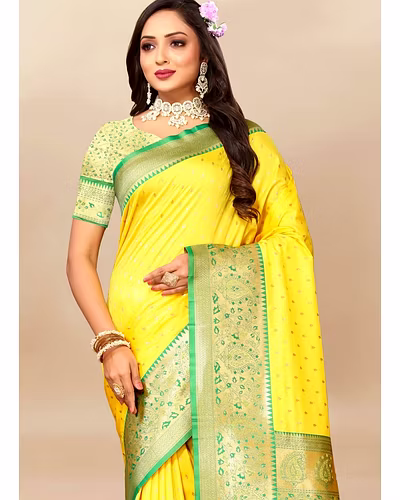 Soft Silk Saree with Zari Weaving Design &amp; Rich Zari Pallu-Lemon Yellow-1