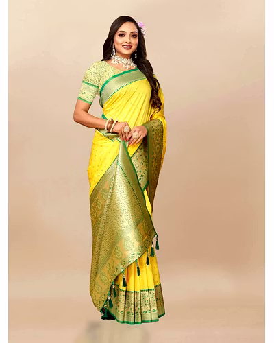 Soft Silk Saree with Zari Weaving Design &amp; Rich Zari Pallu-Lemon Yellow-2