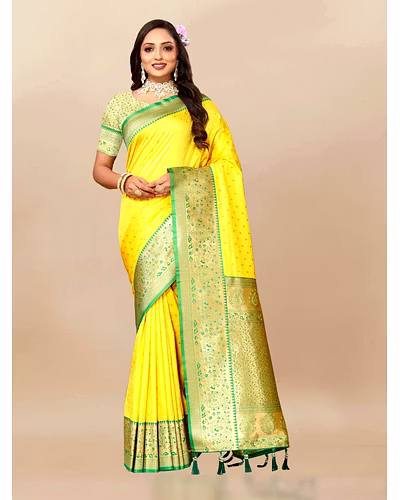Soft Silk Saree with Zari Weaving Design &amp; Rich Zari Pallu-Lemon Yellow-3