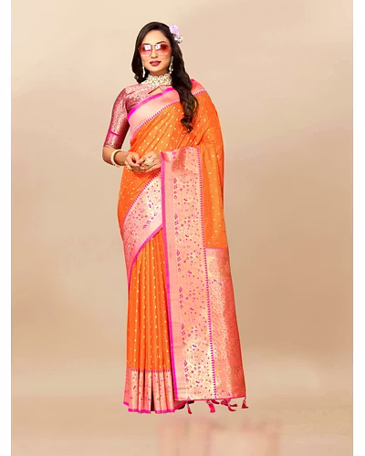 Soft Silk Saree with Zari Weaving Design &amp; Rich Zari Pallu-RMNX-266-Orange