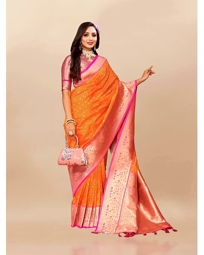 Soft Silk Saree with Zari Weaving Design &amp; Rich Zari Pallu-Orange-1