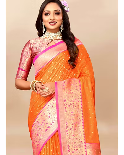 Soft Silk Saree with Zari Weaving Design &amp; Rich Zari Pallu-Orange-2
