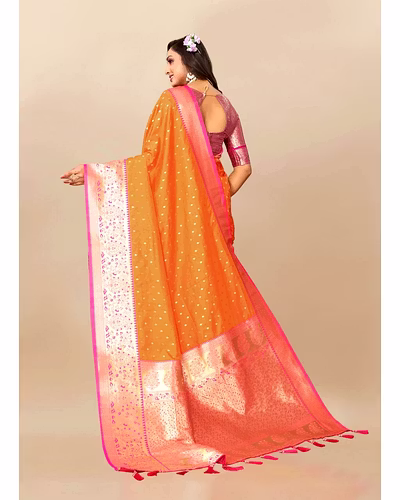 Soft Silk Saree with Zari Weaving Design &amp; Rich Zari Pallu-Orange-3