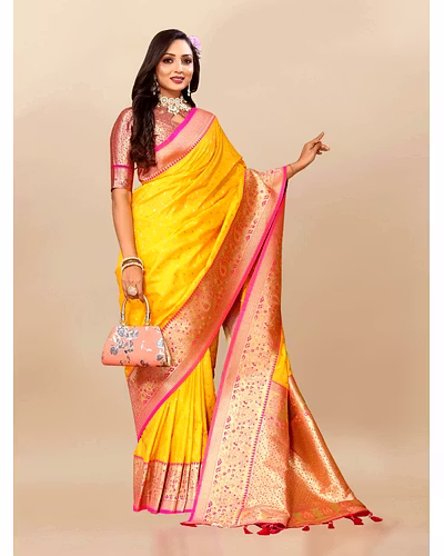 Soft Silk Saree with Zari Weaving Design &amp; Rich Zari Pallu-Yellow-1