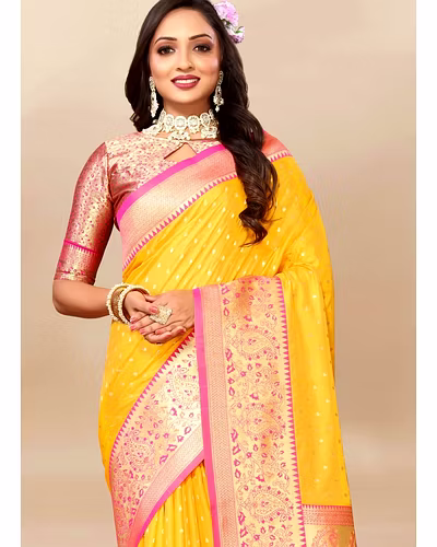 Soft Silk Saree with Zari Weaving Design &amp; Rich Zari Pallu-Yellow-2