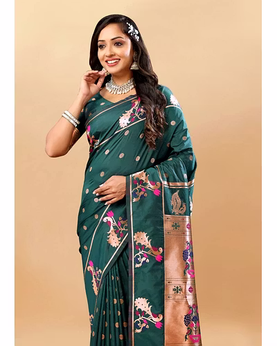 Soft Pethani Silk Saree with Gold Zari Motifs, Rich Pallu &amp; Meenakari Border-Green-2