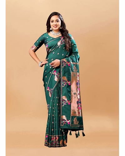 Soft Pethani Silk Saree with Gold Zari Motifs, Rich Pallu &amp; Meenakari Border-Green-3
