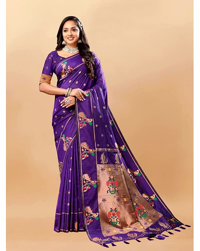 Soft Pethani Silk Saree with Gold Zari Motifs, Rich Pallu &amp; Meenakari Border-RMNX-279PAITHANI-2COPPER-Purple