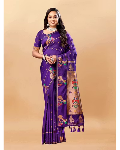 Soft Pethani Silk Saree with Gold Zari Motifs, Rich Pallu &amp; Meenakari Border-Purple-1