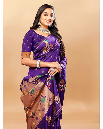 Soft Pethani Silk Saree with Gold Zari Motifs, Rich Pallu &amp; Meenakari Border-Purple-2