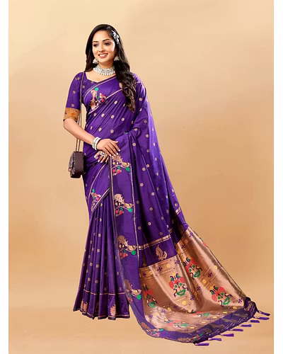 Soft Pethani Silk Saree with Gold Zari Motifs, Rich Pallu &amp; Meenakari Border-Purple-3