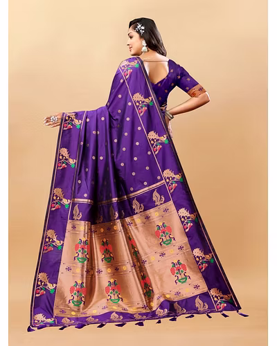 Soft Pethani Silk Saree with Gold Zari Motifs, Rich Pallu &amp; Meenakari Border-Purple-4