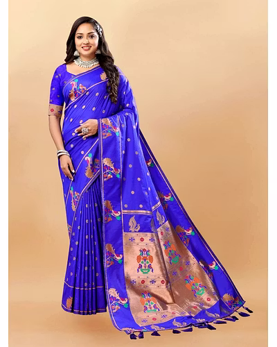 Soft Pethani Silk Saree with Gold Zari Motifs, Rich Pallu &amp; Meenakari Border-RMNX-279PAITHANI-2COPPER-Blue