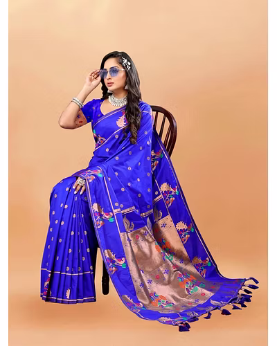 Soft Pethani Silk Saree with Gold Zari Motifs, Rich Pallu &amp; Meenakari Border-Blue-1