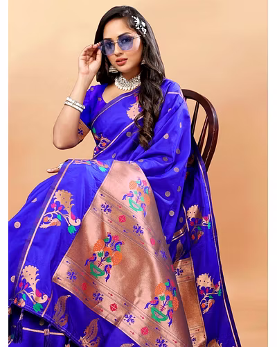 Soft Pethani Silk Saree with Gold Zari Motifs, Rich Pallu &amp; Meenakari Border-Blue-2