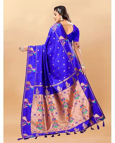 Soft Pethani Silk Saree with Gold Zari Motifs, Rich Pallu &amp; Meenakari Border-Blue-3