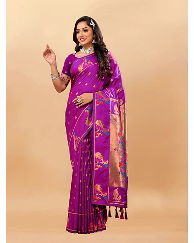 Soft Pethani Silk Saree with Gold Zari Motifs, Rich Pallu &amp; Meenakari Border-RMNX-279PAITHANI-2COPPER-Wine