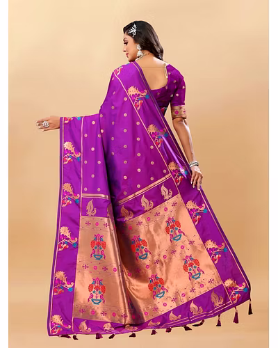 Soft Pethani Silk Saree with Gold Zari Motifs, Rich Pallu &amp; Meenakari Border-Wine-4