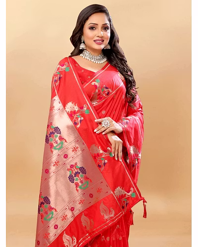 Soft Pethani Silk Saree with Gold Zari Motifs, Rich Pallu &amp; Meenakari Border-Red-1