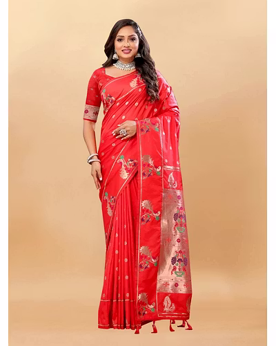 Soft Pethani Silk Saree with Gold Zari Motifs, Rich Pallu &amp; Meenakari Border-Red-2