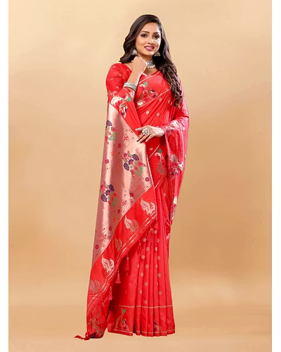 Soft Pethani Silk Saree with Gold Zari Motifs, Rich Pallu &amp; Meenakari Border-Red-3