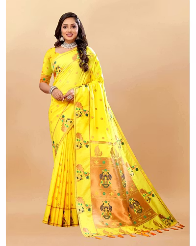 Soft Pethani Silk Saree with Gold Zari Motifs, Rich Pallu &amp; Meenakari Border-RMNX-279PAITHANI-2COPPER-LemonYellow