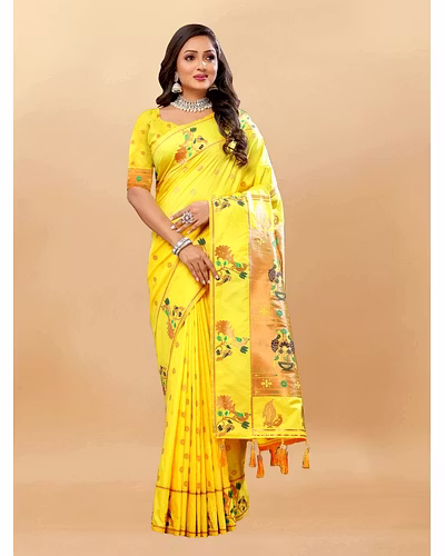 Soft Pethani Silk Saree with Gold Zari Motifs, Rich Pallu &amp; Meenakari Border-Lemon Yellow-1