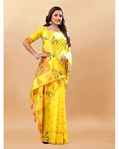 Soft Pethani Silk Saree with Gold Zari Motifs, Rich Pallu &amp; Meenakari Border-Lemon Yellow-2