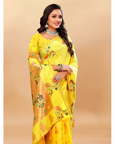 Soft Pethani Silk Saree with Gold Zari Motifs, Rich Pallu &amp; Meenakari Border-Lemon Yellow-3