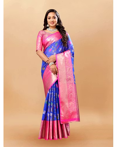 Soft Cotton Saree with Meenakari, Rich Zari Pallu, Contrast Border, Silk Weaving Blouse-RMNX-283-Blue