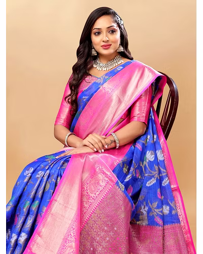 Soft Cotton Saree with Meenakari, Rich Zari Pallu, Contrast Border, Silk Weaving Blouse-Blue-1