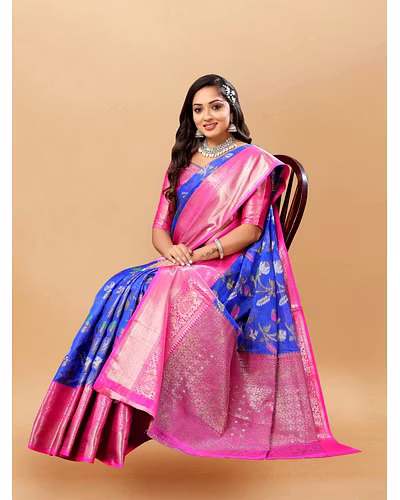 Soft Cotton Saree with Meenakari, Rich Zari Pallu, Contrast Border, Silk Weaving Blouse-Blue-2