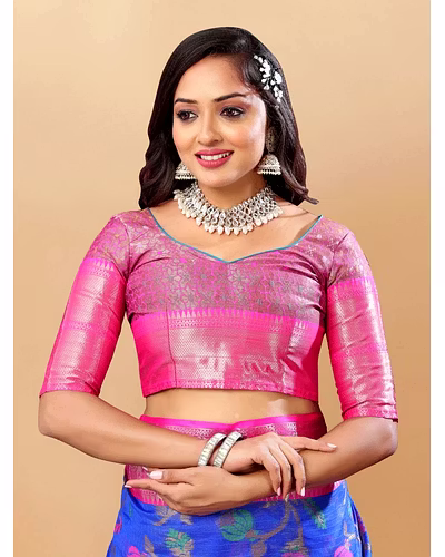 Soft Cotton Saree with Meenakari, Rich Zari Pallu, Contrast Border, Silk Weaving Blouse-Blue-4