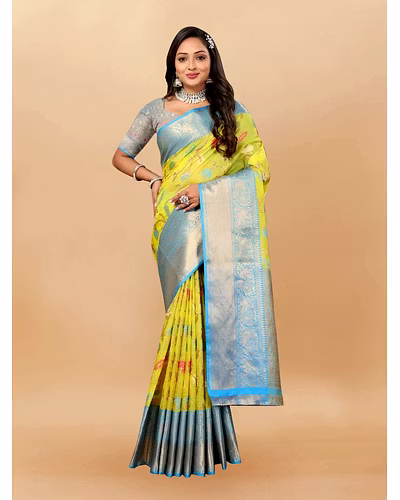 Soft Cotton Saree with Meenakari, Rich Zari Pallu, Contrast Border, Silk Weaving Blouse-RMNX-283-Pista